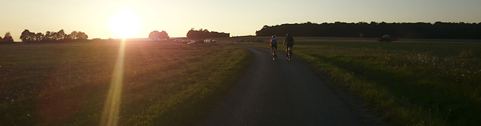 Zwei Radfahrer auf dem Weg durch den Spessart bei Abendsonne 