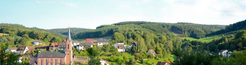 Blick auf Fellen mit Buntsandstein-Kirche und Rienecker Tal