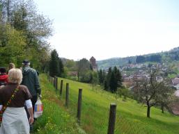 Wandergruppe auf dem Wanderweg zur Burg